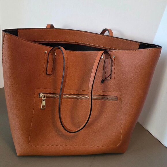 Tote Bag Faux Leather Large Size Caramel & Black NWOT Roomy Versatile - Picture 5 of 11
